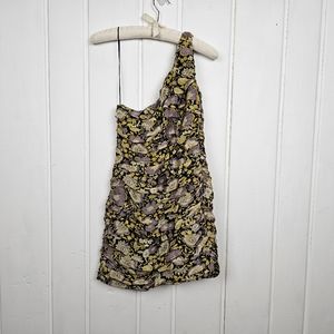 Zara Small Metallic Gold Purple Floral Chiffon One Shoulder Ruched Mini Dress